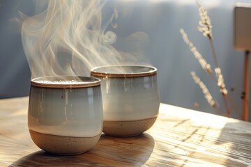 Poster - Two cups filled with aromatic coffee sitting on a wooden table. Generative AI