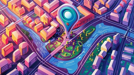 Fototapete - A painting of a city with a map overlay showcasing GPS tracking and navigation pins on street maps in an isometric style. Generative AI