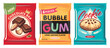 © lukeruk - Creative idea for candy packages design. Chocolate bar, bubble gum and cookie graphics. Sweet food vector packages illustration.