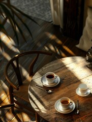 Poster - A table with two cups of coffee, showcasing a cozy setting for a coffee break or meeting. Generative AI
