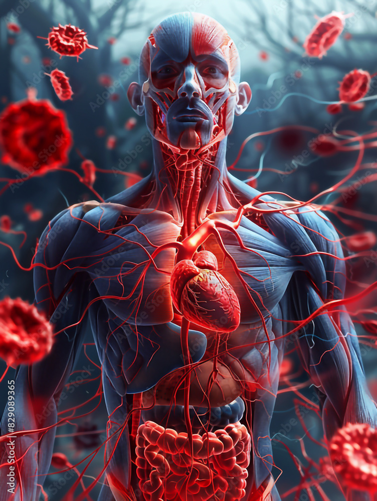 Illustration of a human figure showing muscles and blood vessels ...