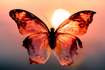 Wall Mural - a pink and black butterfly that is in the air with a sunset behind it