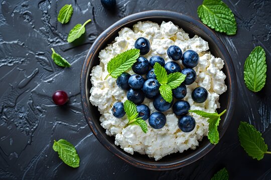 Bowl cottage cheese blueberries mint leaves closeup