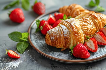 Wall Mural - Two croissants, plate, strawberries