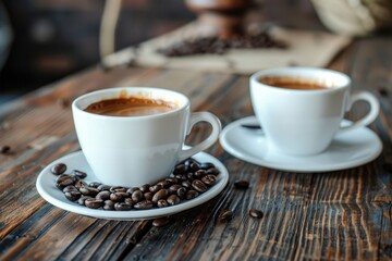 Poster - Two cups of coffee resting on a wooden table surface. Generative AI