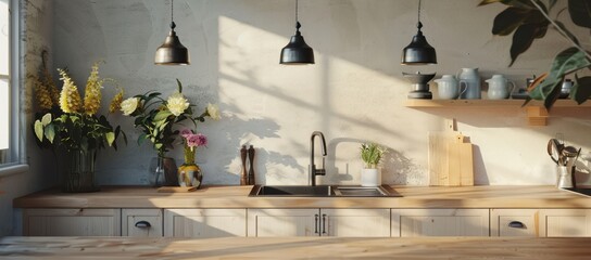 Poster - Modern Nordic kitchen interior featuring light wood countertops, a farmhouse sink, and minimalist pendant lights