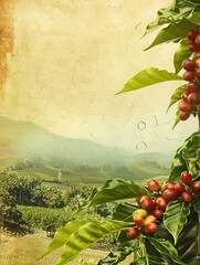 Poster - Painting depicting coffee beans growing on a tree amidst a scenic plantation backdrop. Generative AI