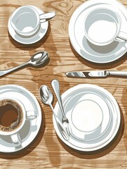 Poster - A wooden table topped with plates and cups of coffee ready to be enjoyed. Generative AI