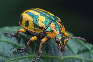 Wall Mural - a green and yellow beetle perched on a leaf with black spots