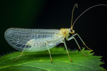 Wall Mural - a white and orange insect on a green leaf with black background