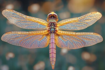 Wall Mural - a small orange dragonfly is on a stem in front of grass