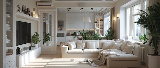 Modern small studio interior with royal white details.