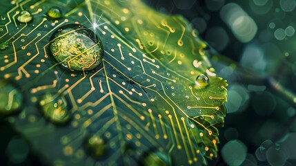 Wall Mural - Close-up of a rain drop on a vibrant tree leaf with subtle digital circuitry patterns, illustrating the harmony between technology and nature