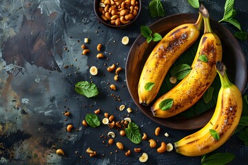 Plate with bananas, peanuts, mint leaves