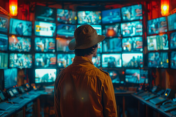 Poster - A security guard monitoring cameras in a control room. Concept of safety and vigilance. Generative Ai.