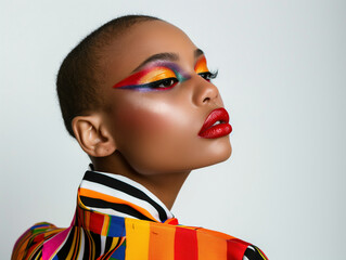 Stunning model with vibrant, artistic makeup and bold red lips, wearing a colorful, striped outfit; perfect for fashion editorials, beauty campaigns, and makeup tutorials.