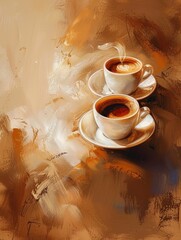 Poster - Painting depicting two cups of coffee on a table. Generative AI