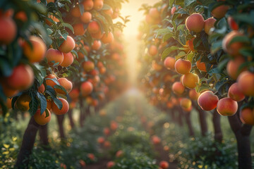 Wall Mural - A tranquil orchard bathed in the soft light of dawn, where rows of fruit trees stretch into the distance beneath a pastel-colored sky. Concept of bucolic charm. Generative Ai.