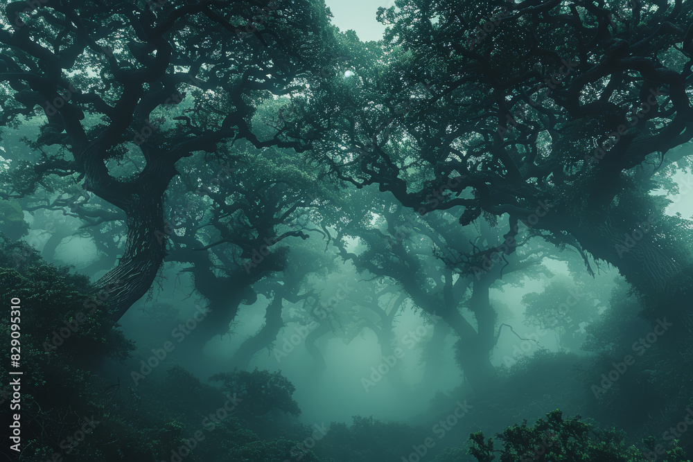 Gnarled Tree Mist The ethereal beauty of a fog-shrouded forest, where gnarled trees loom ...
