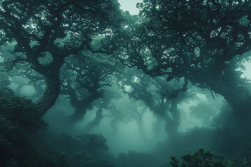 Wall Mural - The ethereal beauty of a fog-shrouded forest, where gnarled trees loom like silent sentinels amidst a swirling sea of mist. Concept of mystical woods. Generative Ai.