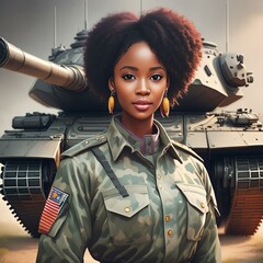 portrait of a black woman in an army uniform standing with a military helmet; close-up
