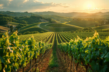 Poster - a tranquil vineyard nestled amidst rolling hills, where rows of grapevines stretch towards the horiz
