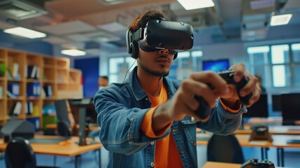 a Man with a Headset and Using Modern Futuristic and High-Tech Virtual Reality Software. AI generated
