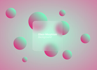 Poster - glassmorphism background banner with transparent glass frame template . Realistic Frosted glass morphism effect with blurred abstract gradient circle shapes. Vector illustration