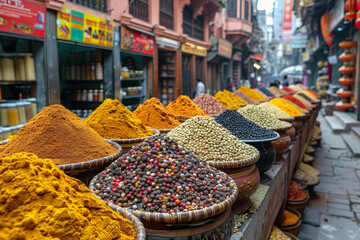 Poster - A bustling street market teeming with exotic spices and colorful textiles, where the hustle and bustle of commerce sparks new ideas. Concept of sensory stimulation. Generative Ai.