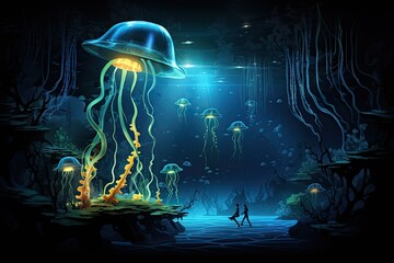 Wall Mural - bioluminescent abstract background design, glowing jellyfish on under the sea