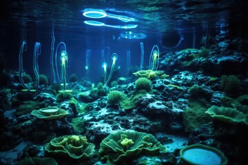 Aufkleber - Bioluminescent abstract background design, Glowing jellyfish on under the sea