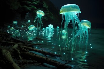 Wall Mural - bioluminescent abstract background design, glowing jellyfish on under the sea