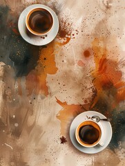 Poster - Two cups filled with coffee placed on a wooden table. Generative AI
