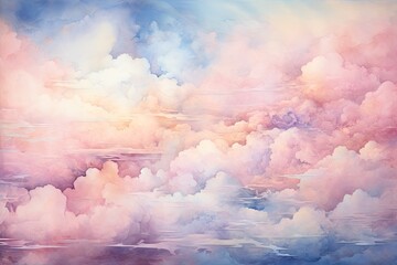 Wall Mural - Watercolor cloudy and wavy pastel background, Blank watercolor background with colorful clouds and waves