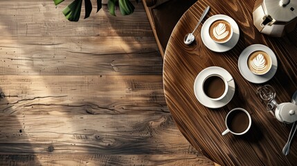 Poster - A wooden table topped with two cups of coffee. Generative AI