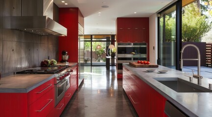 Wall Mural - Modern red kitchen featuring cherry red cabinets, concrete countertops, and stainless steel accents