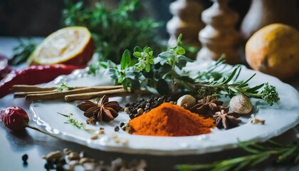 herbs and spices arranged on a white plate, food, decoration, cooking, kitchen, aromatherapy
