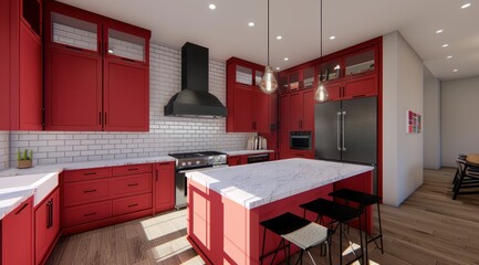 Wall Mural - Modern red kitchen featuring scarlet red cabinets, subway tile backsplash, and contemporary bar stools