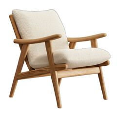 Minimalist armchair with wooden legs and cream boucle fabric upholstery against a white background