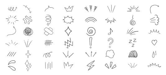 Poster - Hand drawn elements of expressions of Japanese manga comic book. Doodle drawing drawn with chalk, pencil of sun rays, arrows, wind, lightning, flashes. Vector illustration