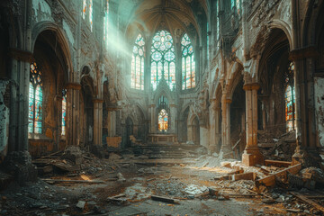 Poster - A crumbling cathedral lost to time, its stained glass windows shattered and its once-majestic spires now crumbling to dust. Concept of spiritual decay. Generative Ai.
