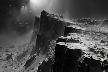 Poster - A desolate moonscape marked by craters and jagged rock formations, where the silence of space is broken only by the occasional echo of a meteor strike. Concept of lunar desolation. Generative Ai.
