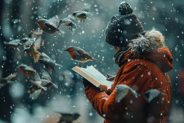 Poster - A writer crafting stories with words that turn into birds and fly away. Concept of imaginative storytelling. Generative Ai.