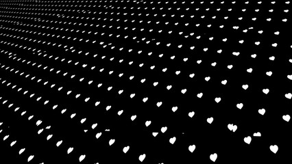 Poster - straight diagonal rows of white small hearts on a black background. animation. endless field of hear