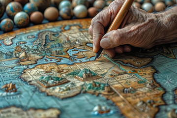 Poster - an illustrator drawing a map that reveals hidden worlds. concept of imaginative cartography. generat