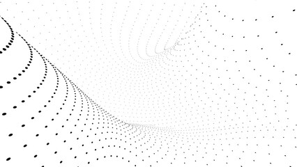 Poster - 3D animation with moving dots in bends of space. Design. White 3D space with depth of bends of moving points. Dots moving in bends of cyberspace