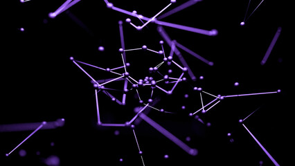 Fototapete - Plexus of abstract lines, triangles and dots. Design. Abstract endless digital world of purple color.