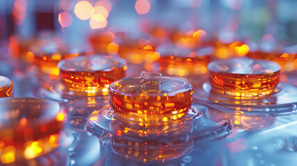 Poster - Close-up of orange petri dishes under illuminated conditions, symbolizing medical and scientific research.