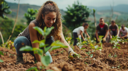 Canvas Print - A young woman joyfully planting seedlings in a garden, with others working in the background, set in a rural area.