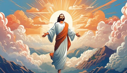 Wall Mural - Risen Jesus Christ rising above sky and clouds, heaven concept